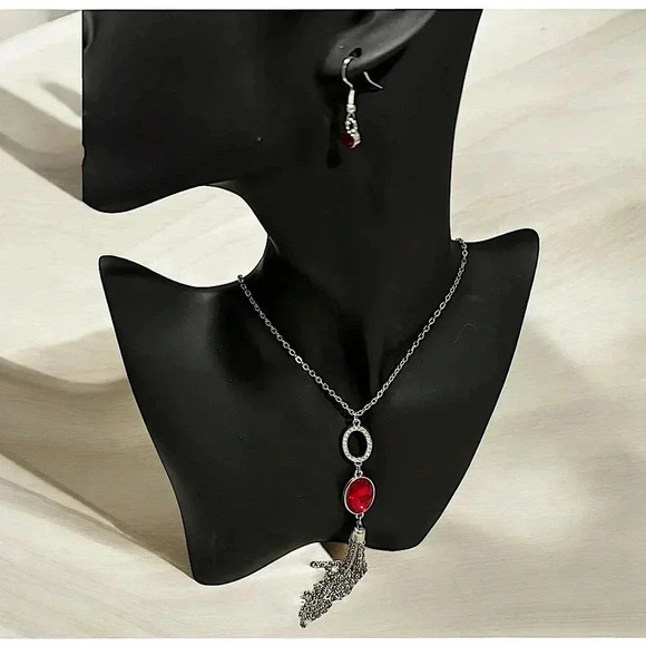 Red ruby 2pc jewelry set long necklace can be double wrapped for chain effect - Picture 1 of 5